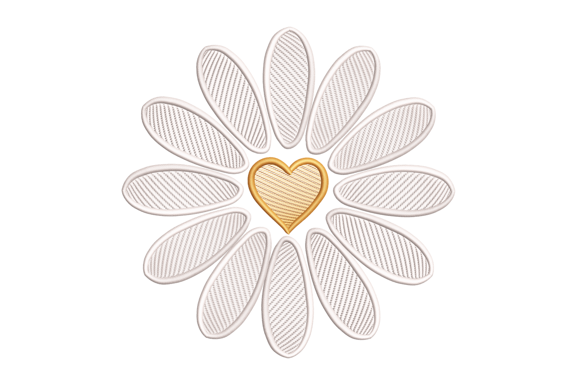 Daisy heart embroidery design with cream petals arranged in a heart shape and golden amber centre, 2-colour minimal floral, 9 sizes.