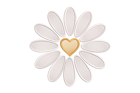 Daisy heart embroidery design with cream petals arranged in a heart shape and golden amber centre, 2-colour minimal floral, 9 sizes.
