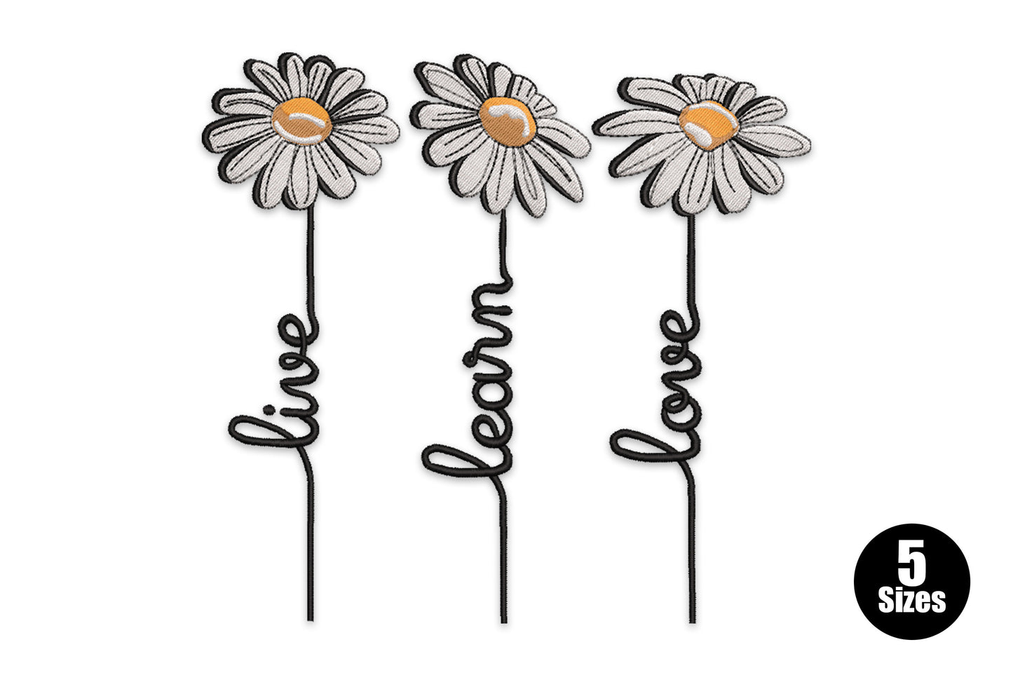 Three daisy stems with cursive live, learn, love script in black and white with golden amber centres