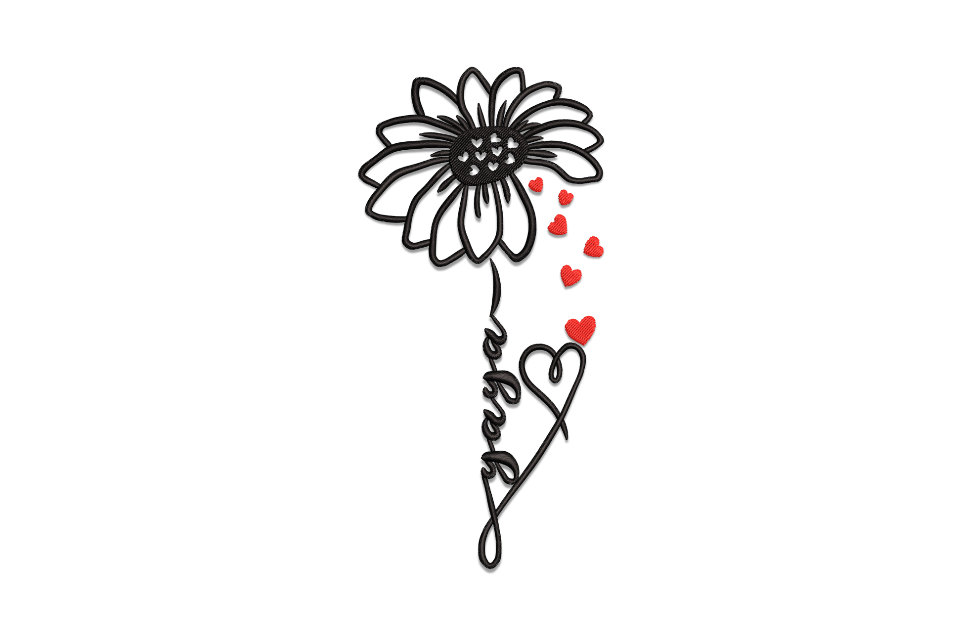 Daisy mama heart embroidery design with cursive mama script, scattered red hearts and outline daisy flower in black