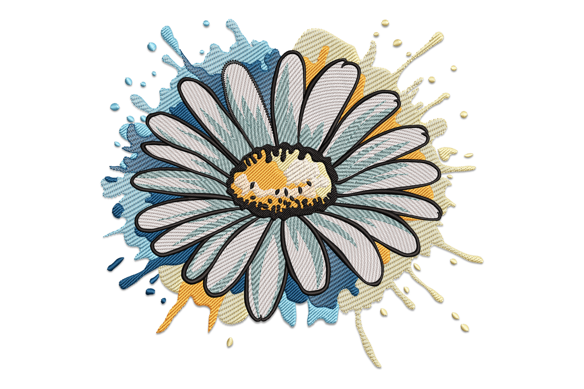 Daisy paint splash embroidery design with white petals, yellow centre and four paint blotches in blue, amber and orange.