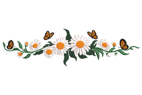 Daisy and butterfly floral border, vertical garland with orange monarch butterflies and white daisy flowers on dark green vine.