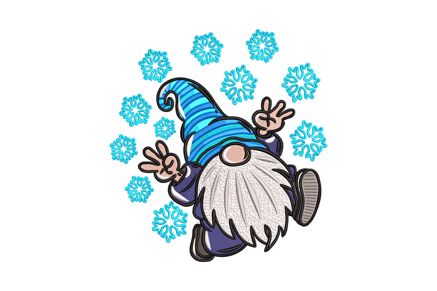 Dancing christmas gnome with blue striped pointy hat throwing peace signs, surrounded by nine aqua snowflakes.