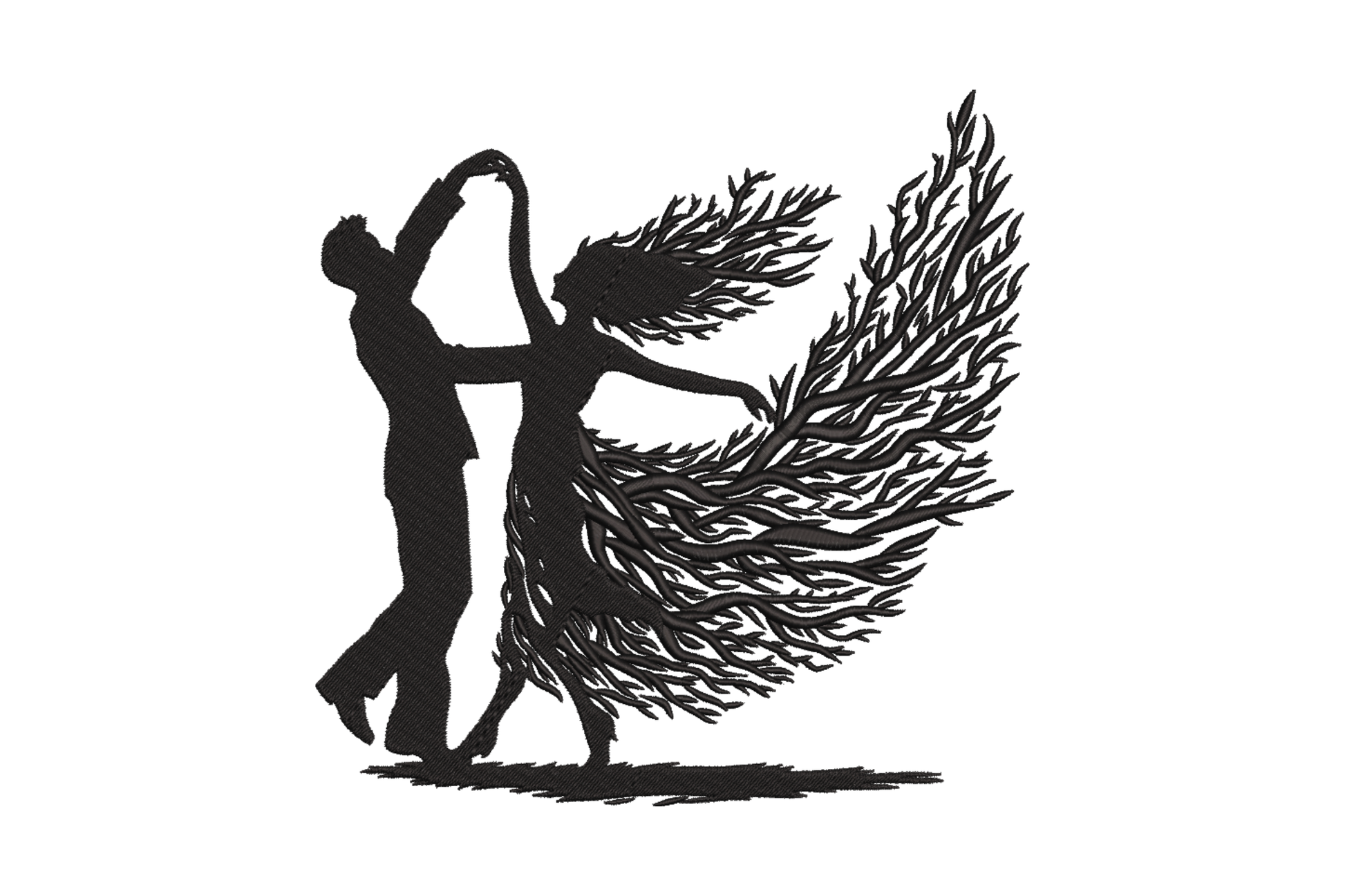 Dancing couple silhouette in black, man spinning woman whose skirt fans into feather-like satin rays capturing the motion.