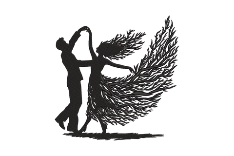 Dancing couple silhouette in black, man spinning woman whose skirt fans into feather-like satin rays capturing the motion.