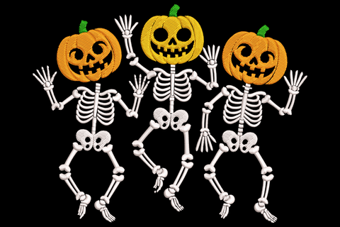 Cartoon dancing skeleton figures with carved pumpkin heads, arms and legs spread in dance pose, four colours on white and orange, 3.5 by 2.78 inches machine embroidery design