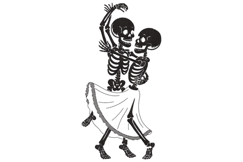 Dancing skeleton couple embroidery, two black skeletons mid-waltz with raised arm and flowing hatched skirt, single black thread.