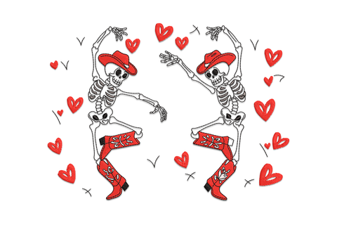 Embroidery design of a dancing skeleton in cowboy hat holding a heart, western valentine theme in white and red