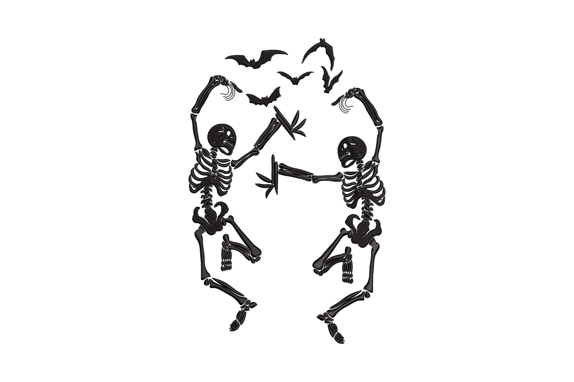Two dancing skeleton figures facing each other with arms raised in a mirrored pose and five bats arcing above them, single black colour.