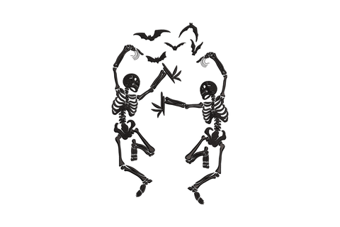 Two dancing skeleton figures facing each other with arms raised in a mirrored pose and five bats arcing above them, single black colour.