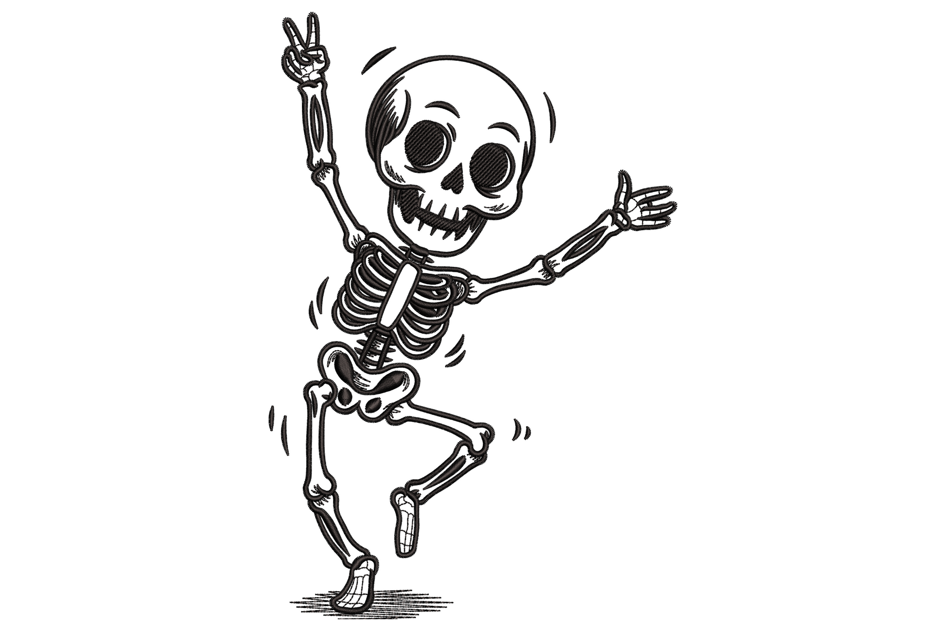 Single-colour line art skeleton in a joyful dancing pose, arms raised and one knee lifted, stark white on dark background, clean satin stitch detail.