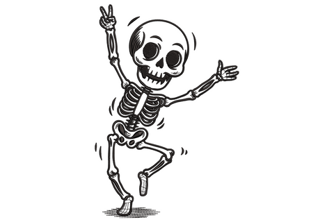 Single-colour line art skeleton in a joyful dancing pose, arms raised and one knee lifted, stark white on dark background, clean satin stitch detail.
