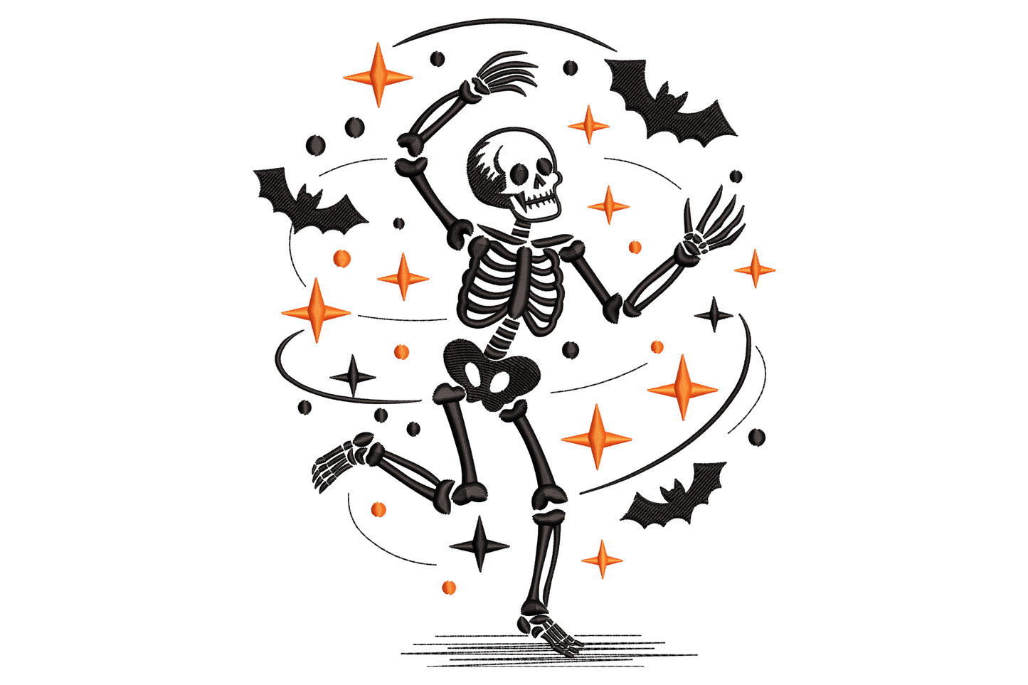 Dancing skeleton in joyful mid-shimmy pose with arms raised, cartoon bone white and black style, 2.82 x 3.5 inch halloween machine embroidery design