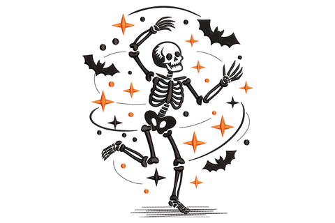 Dancing skeleton in joyful mid-shimmy pose with arms raised, cartoon bone white and black style, 2.82 x 3.5 inch halloween machine embroidery design