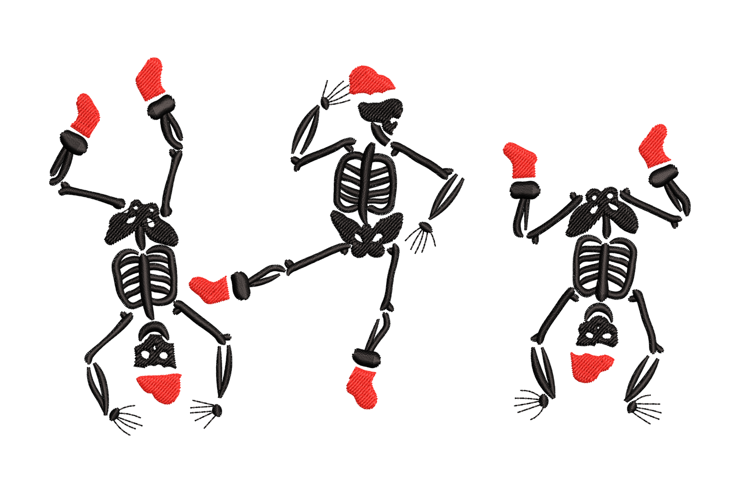 Christmas dancing skeleton trio in red santa caps and boots, second variation poses in black scribble outline.