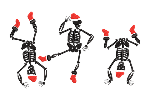 Christmas dancing skeleton trio in red santa caps and boots, second variation poses in black scribble outline.