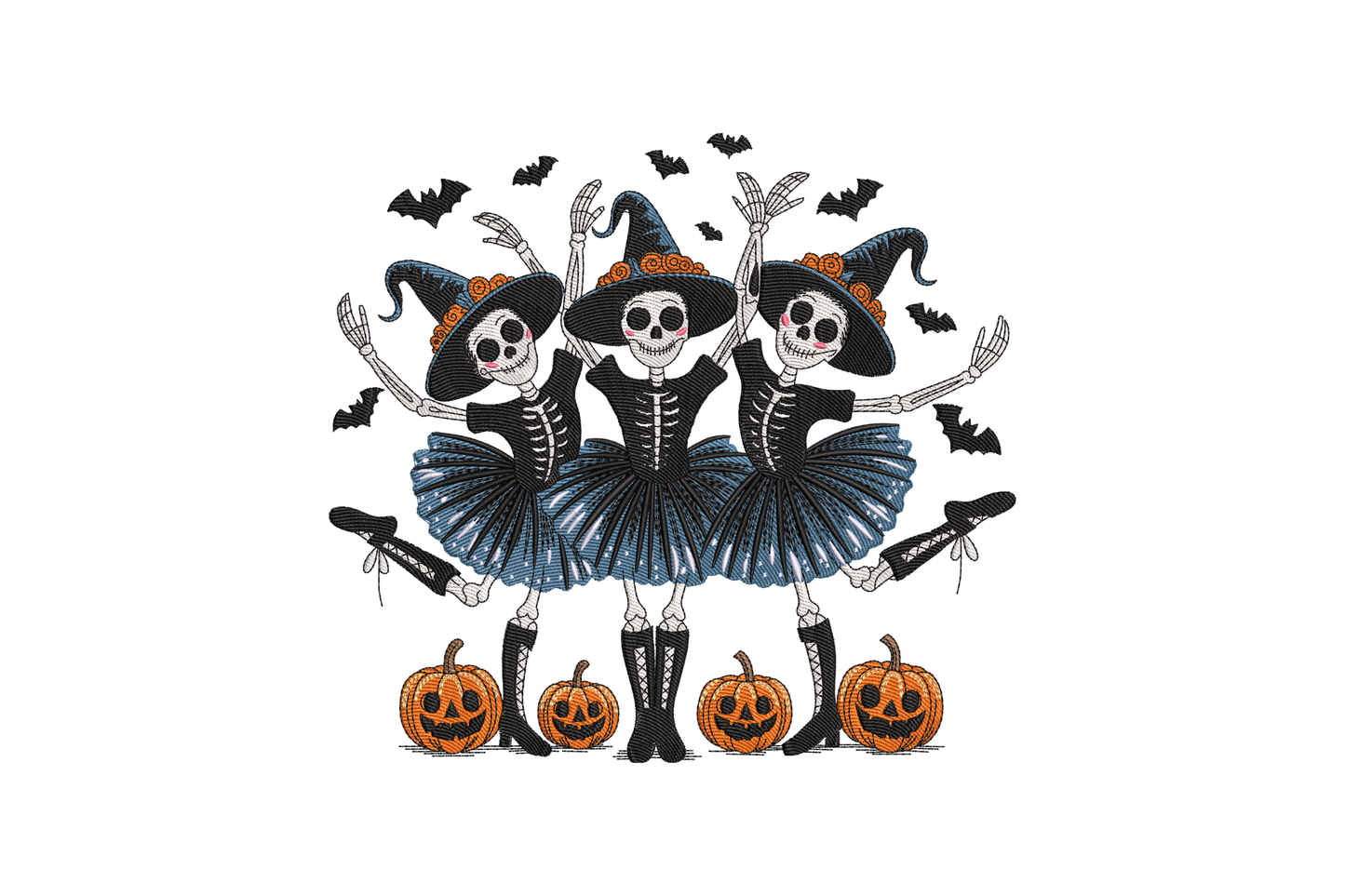 Three skeleton dancers in blue tutus with pumpkins and bats embroidery design
