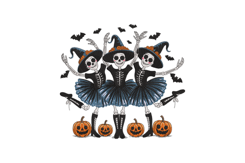Three skeleton dancers in blue tutus with pumpkins and bats embroidery design