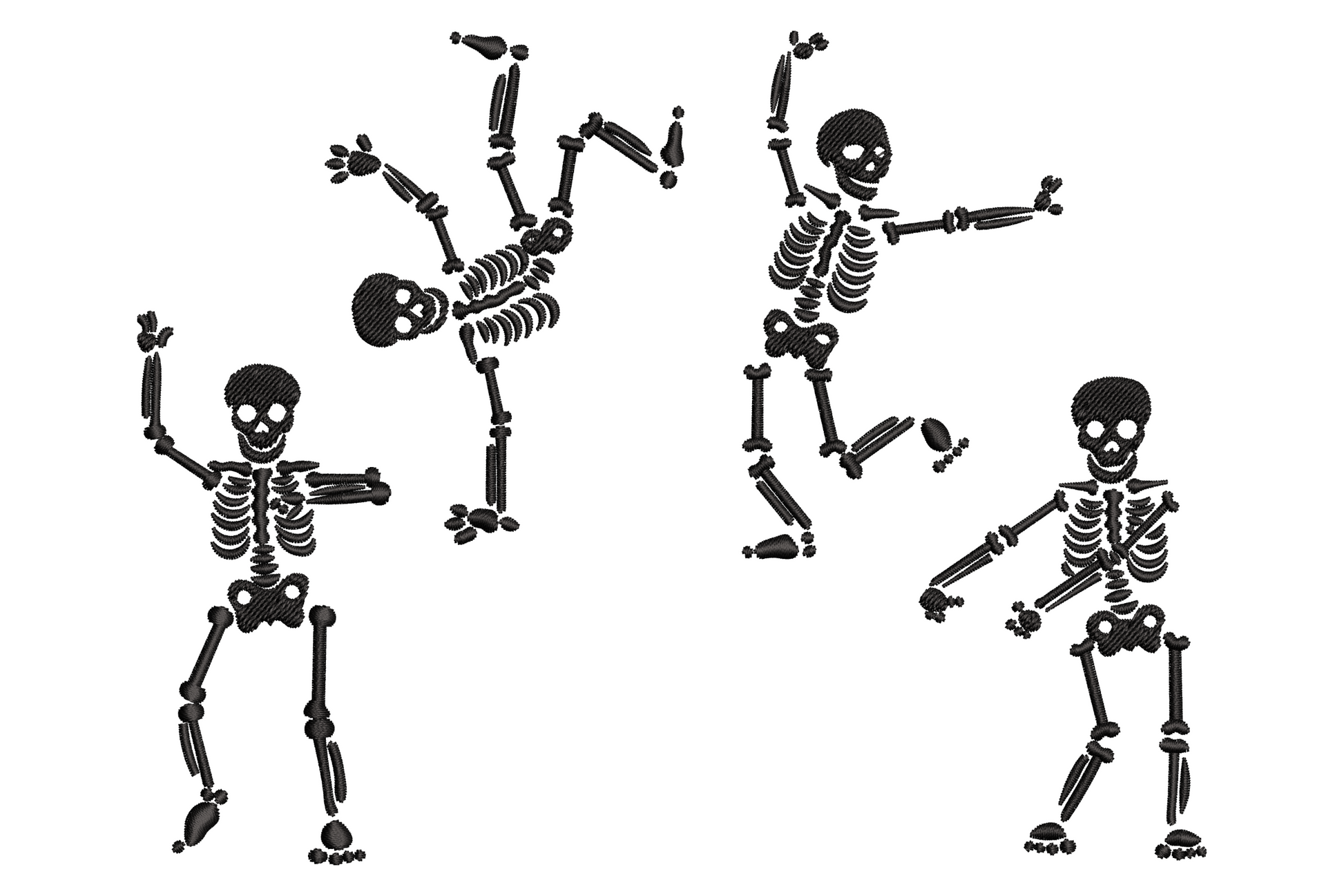 Four halloween dancing skeletons in cartoony poses with hollow eye sockets and blocky bones in black thread