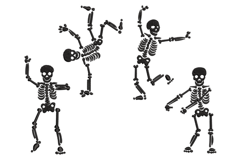 Four halloween dancing skeletons in cartoony poses with hollow eye sockets and blocky bones in black thread