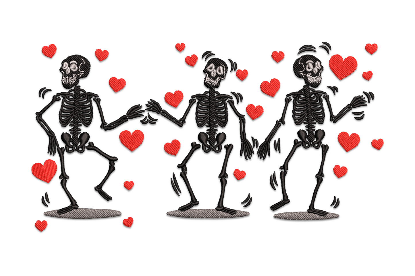 Machine embroidery design of two dancing skeletons with red and pink hearts floating around them, playful Valentine Day style on white background