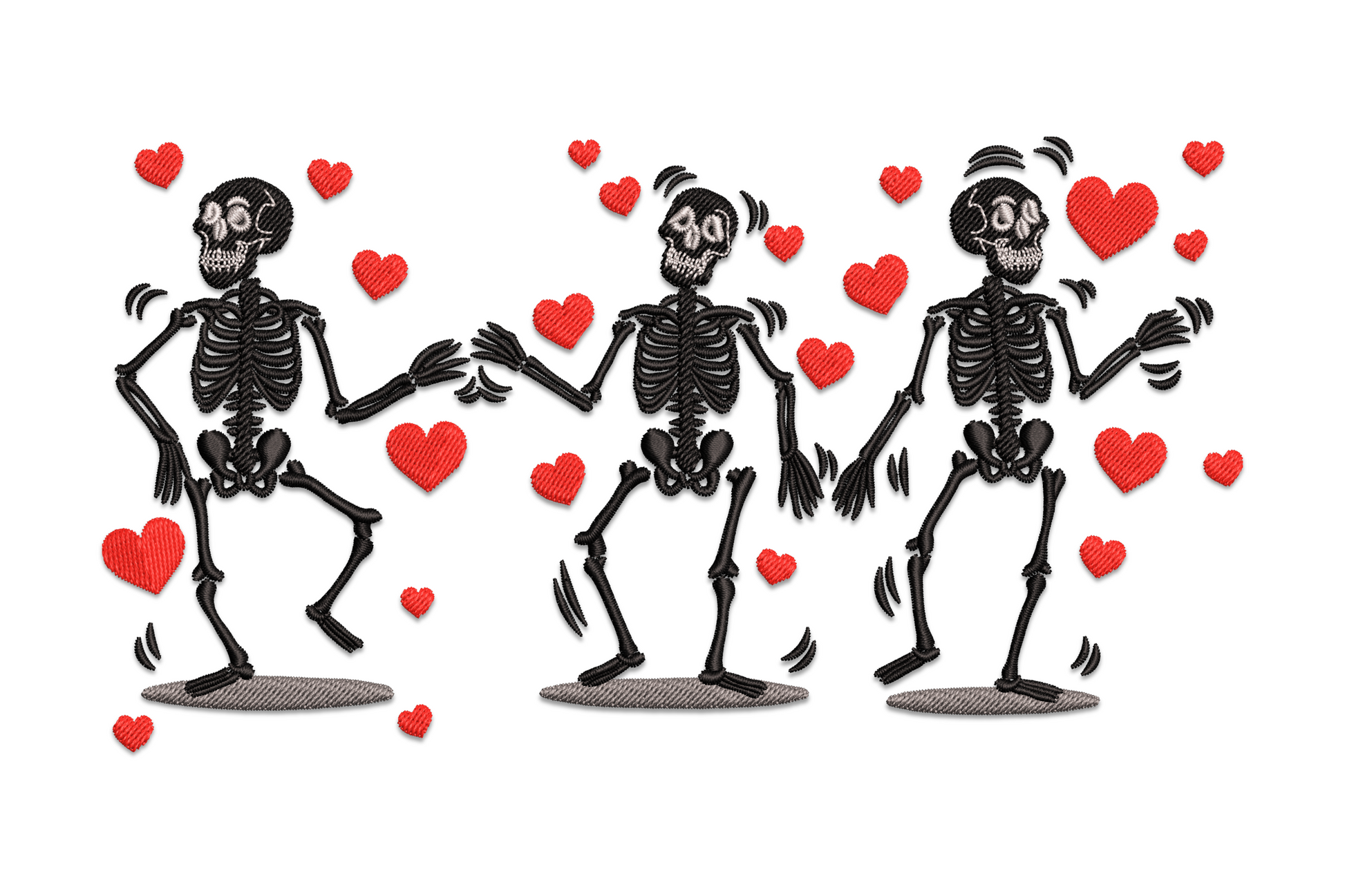 Machine embroidery design of two dancing skeletons with red and pink hearts floating around them, playful Valentine Day style on white background