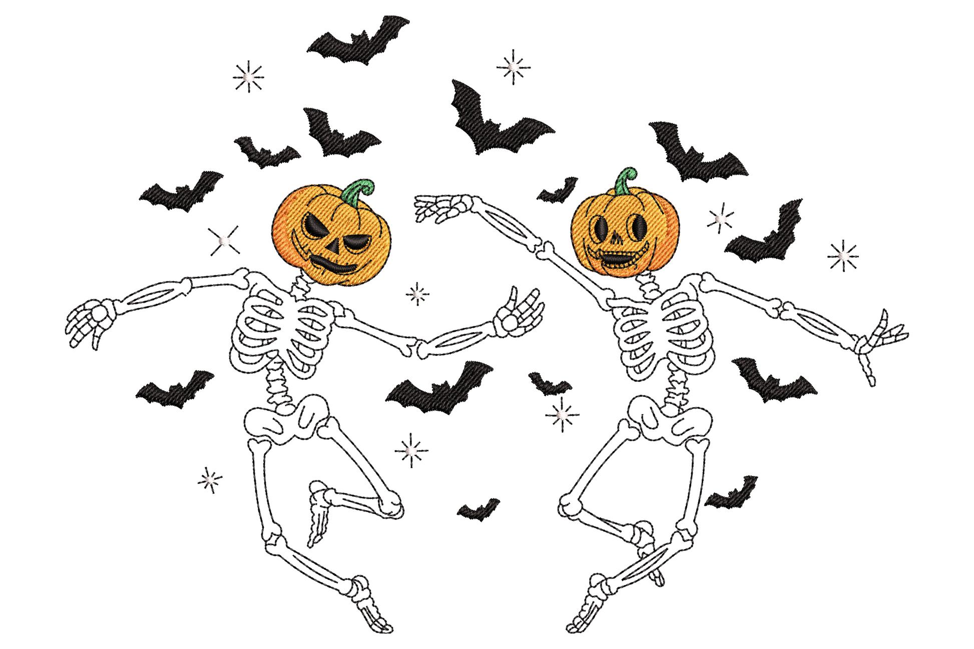 Dancing skeletons with carved pumpkin heads embroidery design, two Halloween skeleton figures mid-dance with bats and decorative scatter marks.