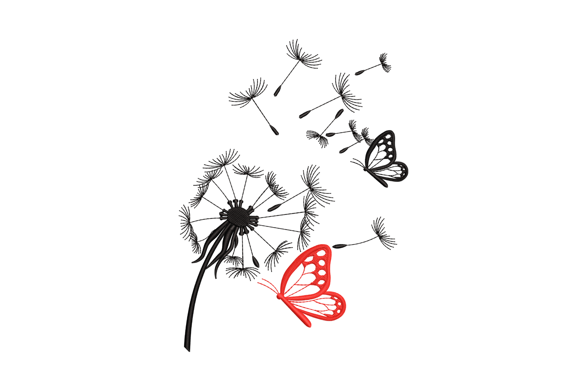 Dandelion butterfly embroidery, seeds dispersing from stem and forming a butterfly shape, 2 colour botanical nature design