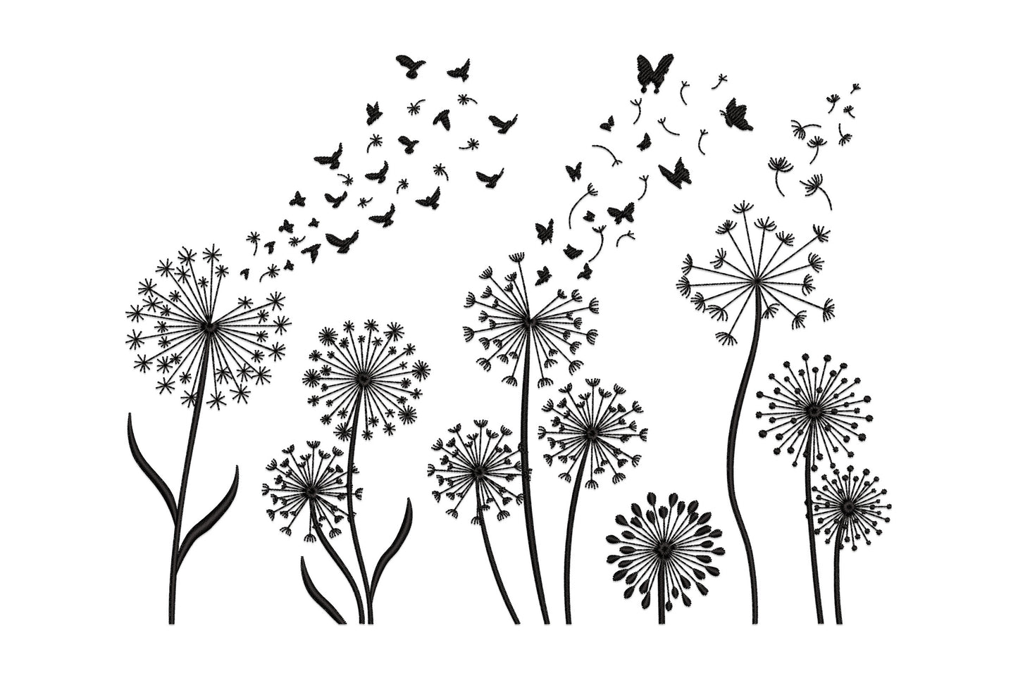 Dandelion butterfly floral embroidery design showing a wide landscape scene with dandelion seed heads, seeds morphing into butterflies and small birds scattering upward, in fine black linework.
