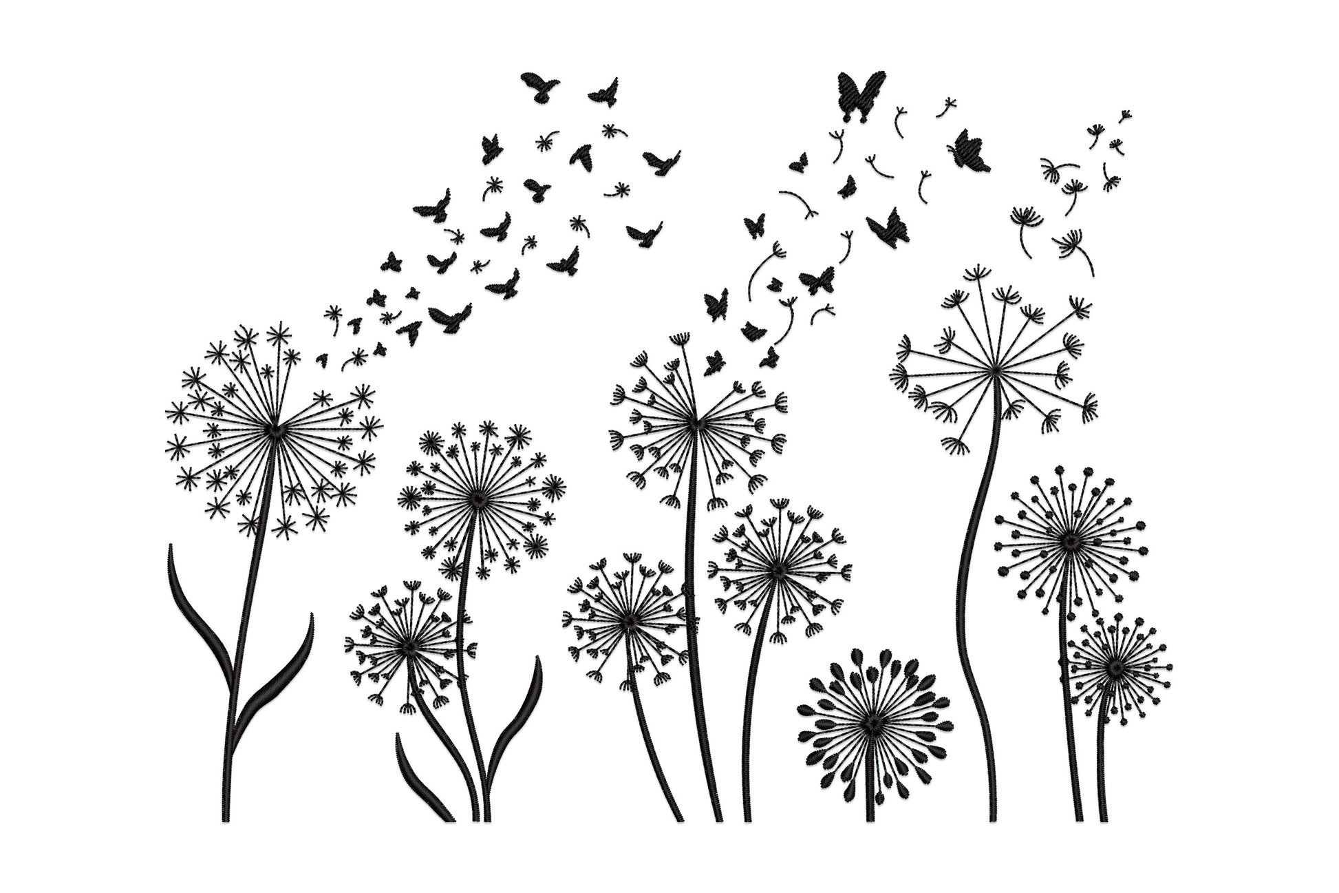 Dandelion butterfly floral embroidery design showing a wide landscape scene with dandelion seed heads, seeds morphing into butterflies and small birds scattering upward, in fine black linework.