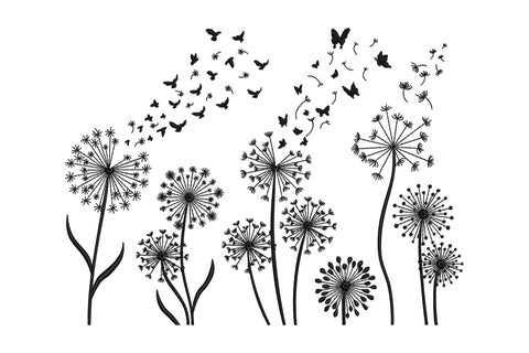 Dandelion butterfly floral embroidery design showing a wide landscape scene with dandelion seed heads, seeds morphing into butterflies and small birds scattering upward, in fine black linework.