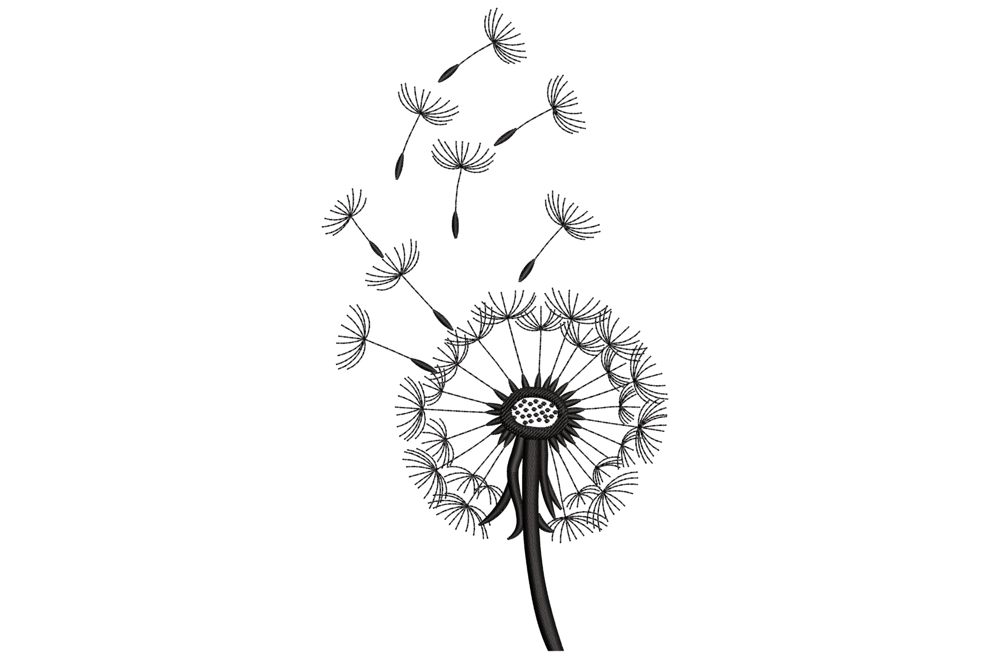 Dandelion clock embroidery, round seedhead with wispy parachute seeds on a thin stalk, black outline on white ground.