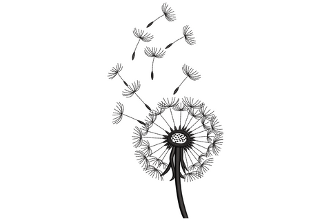 Dandelion clock embroidery, round seedhead with wispy parachute seeds on a thin stalk, black outline on white ground.
