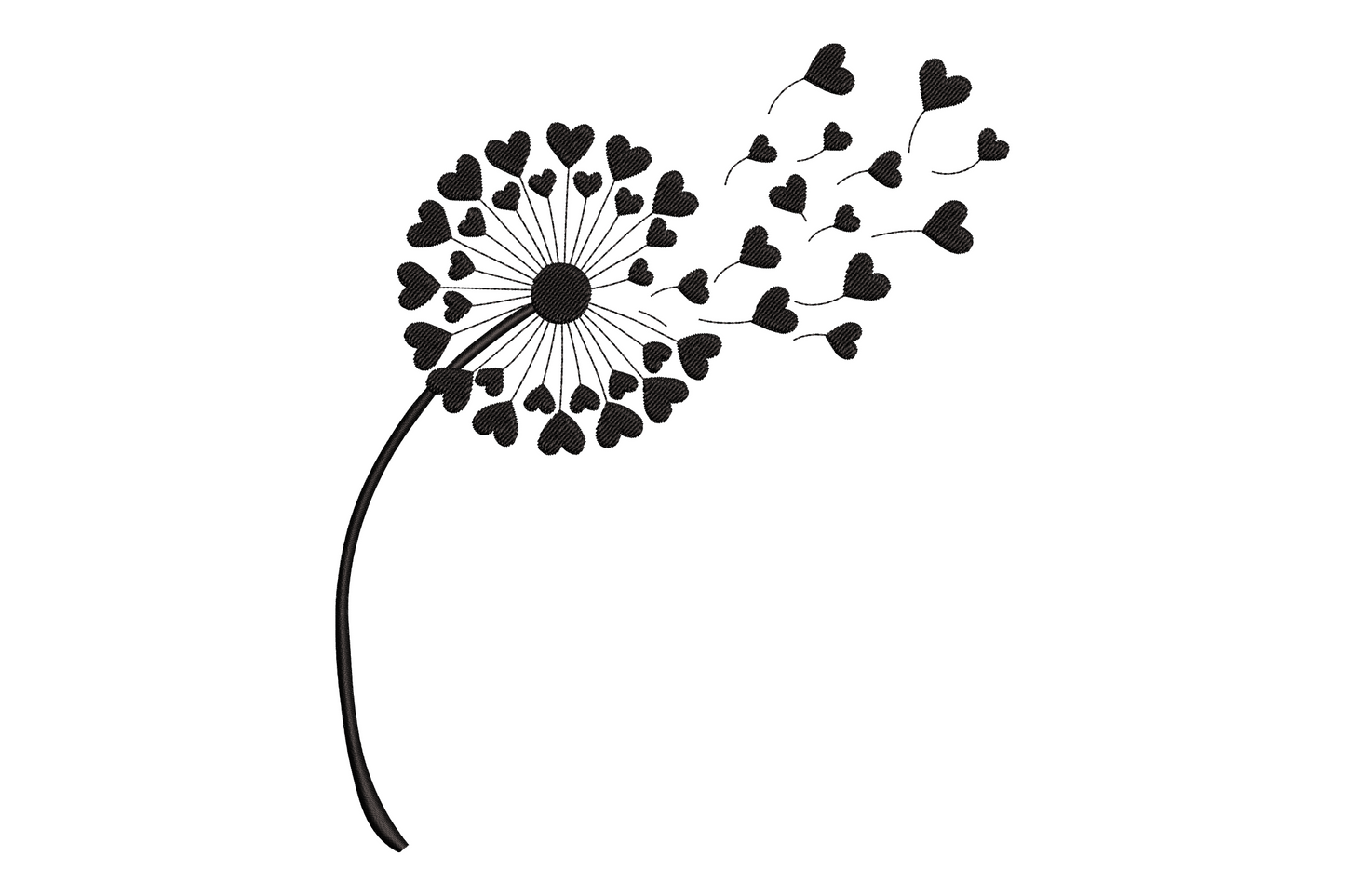 Heart shape formed from dandelion seed wisps in single colour, delicate botanical line art embroidery design on white background