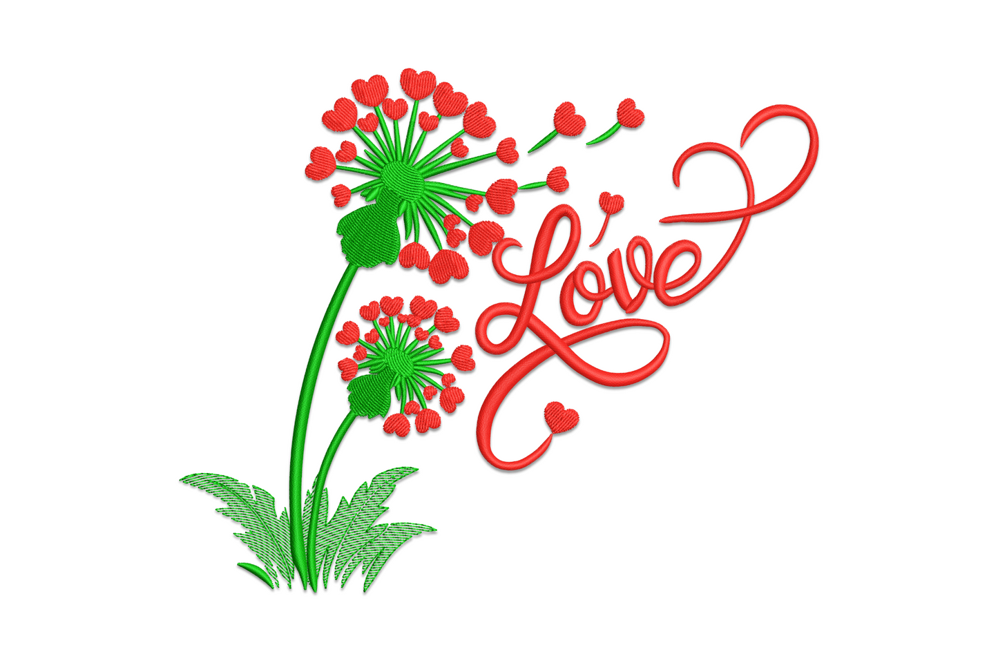 Dandelion with tiny floating hearts instead of seeds, botanical love embroidery design in 5 colors on fabric