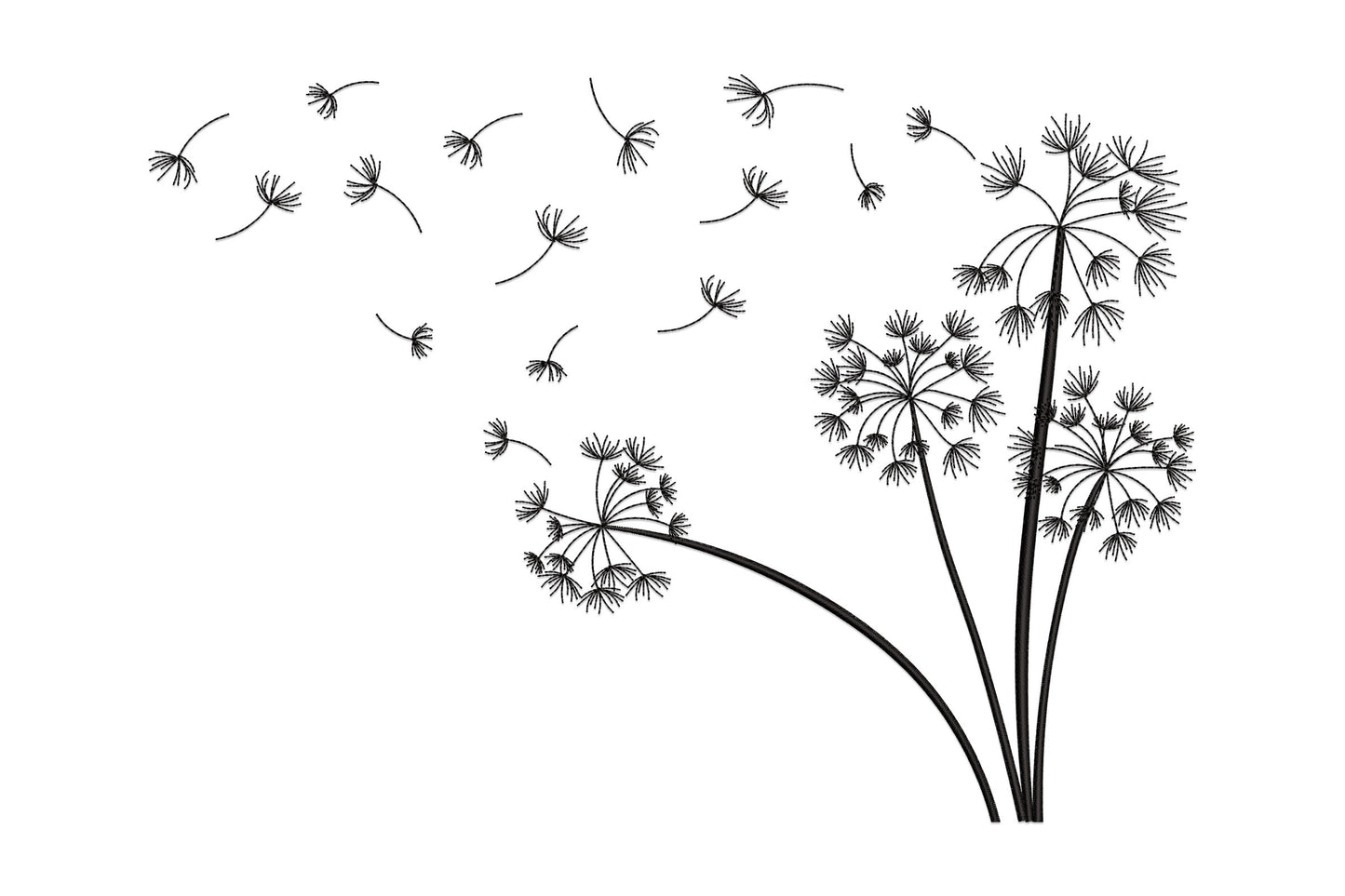 Dandelion line art embroidery, single black thread, tall curved stems with full seed head and floating seeds drifting left.