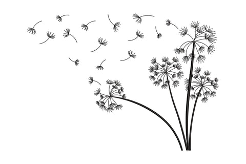 Dandelion line art embroidery, single black thread, tall curved stems with full seed head and floating seeds drifting left.
