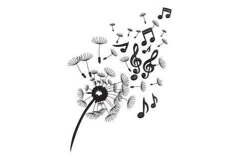 Dandelion blowing music notes and treble clef embroidery design in single black thread
