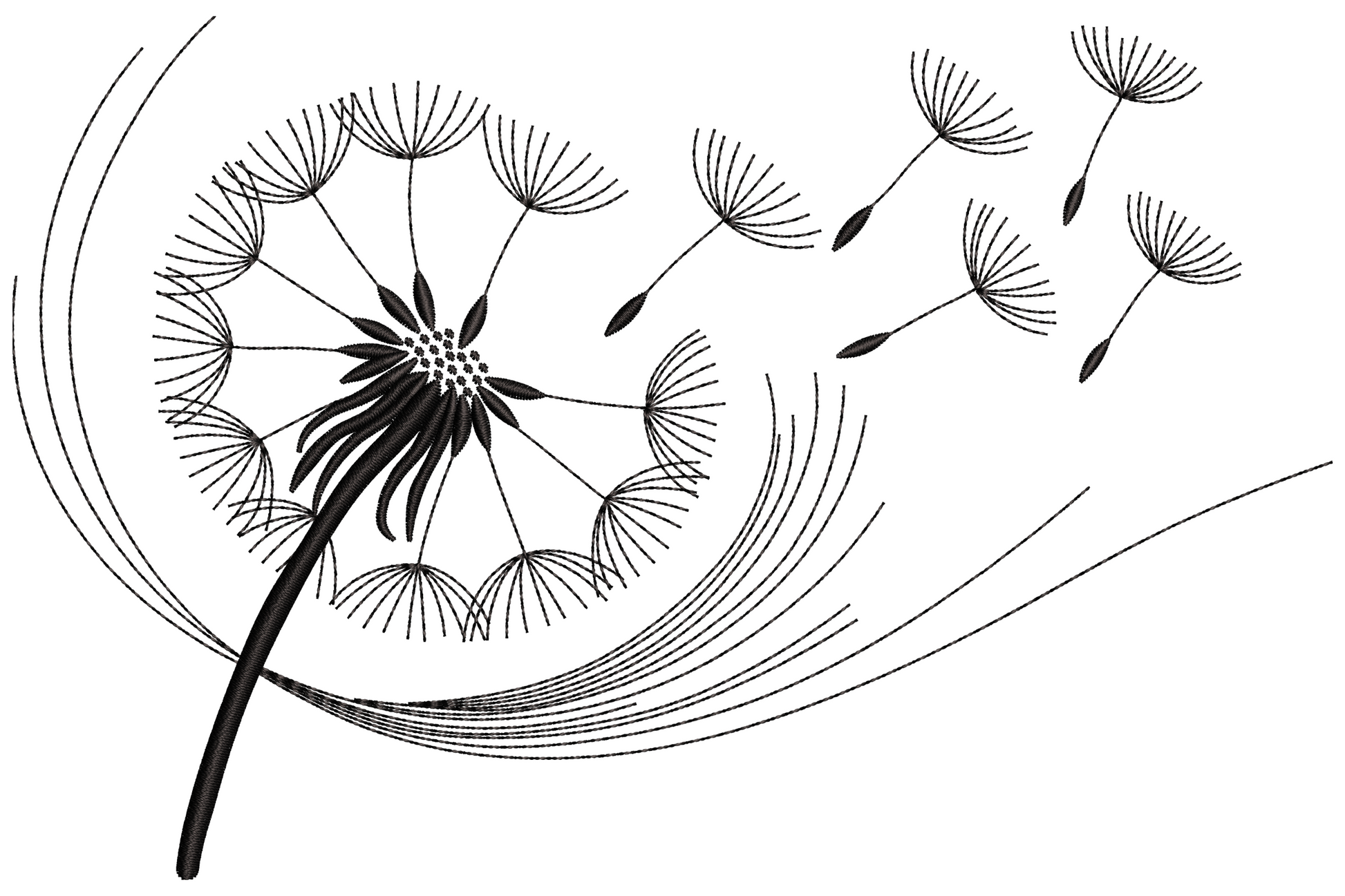 Dandelion seeds in wind embroidery design with single-colour line work showing one stem and seeds drifting across an invisible breeze.