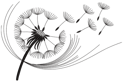 Dandelion seeds in wind embroidery design with single-colour line work showing one stem and seeds drifting across an invisible breeze.
