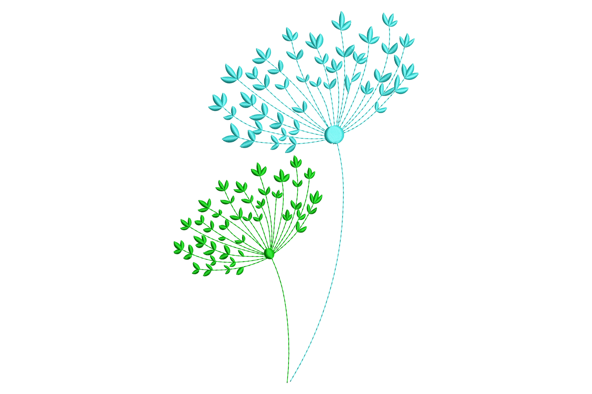 Two embroidered dandelion seedheads on long curving stems in dark green and pale aqua against white fabric