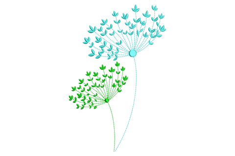 Two embroidered dandelion seedheads on long curving stems in dark green and pale aqua against white fabric