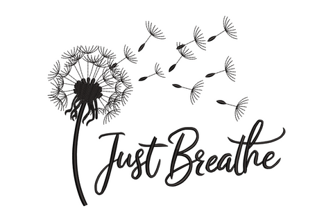 Dandelion just breathe embroidery with seeds floating away and flowing cursive script, single colour black, calm and minimal.