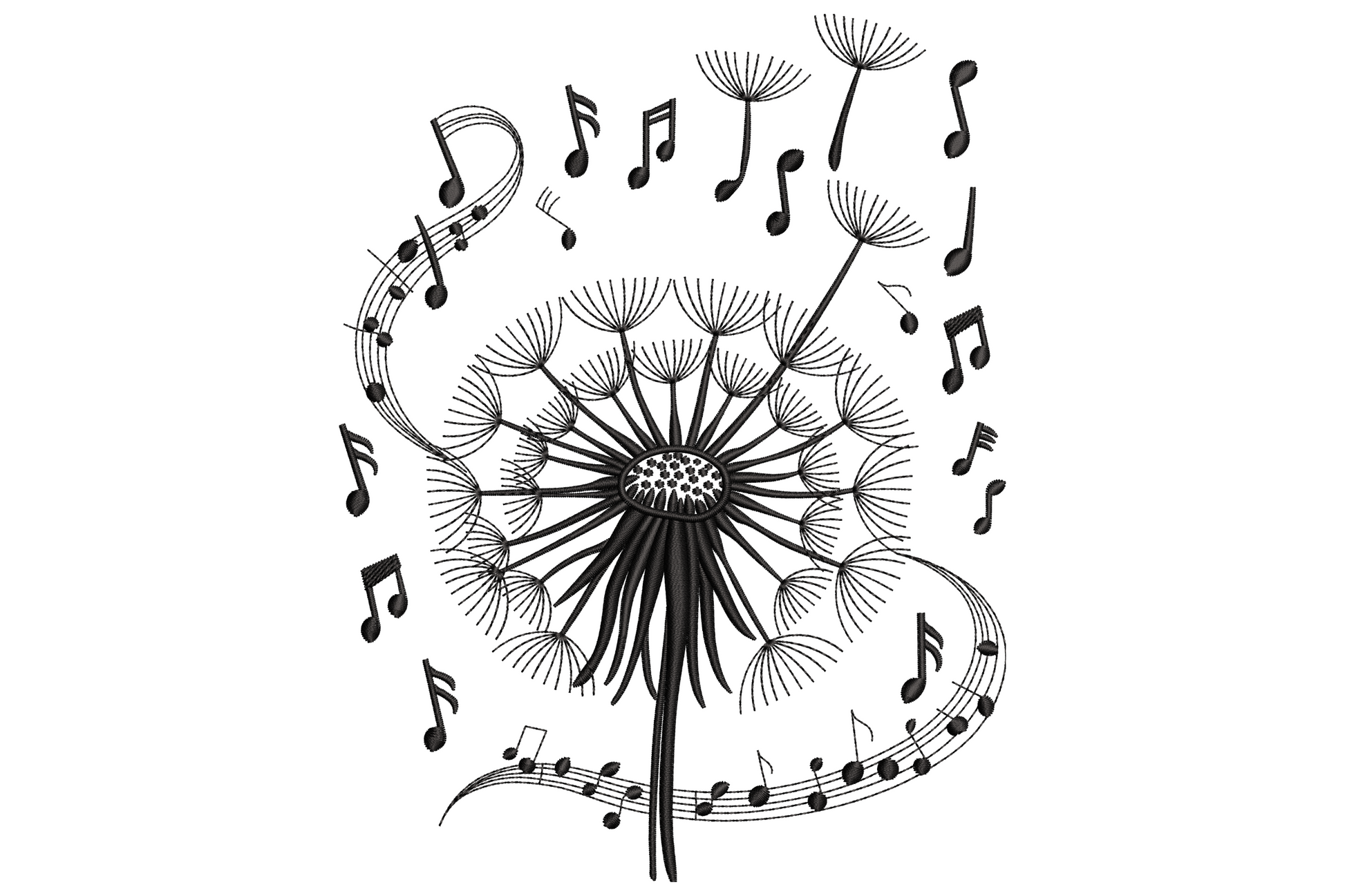 Dandelion embroidery design with seeds drifting into musical notes along a curving sheet-music ribbon, single black thread.