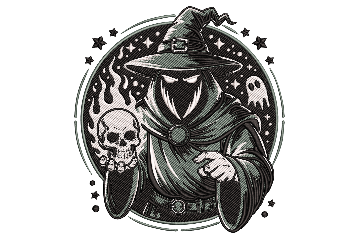 Dark wizard skull embroidery, hooded sorcerer in pointed hat holding a glowing skull inside a star circle border