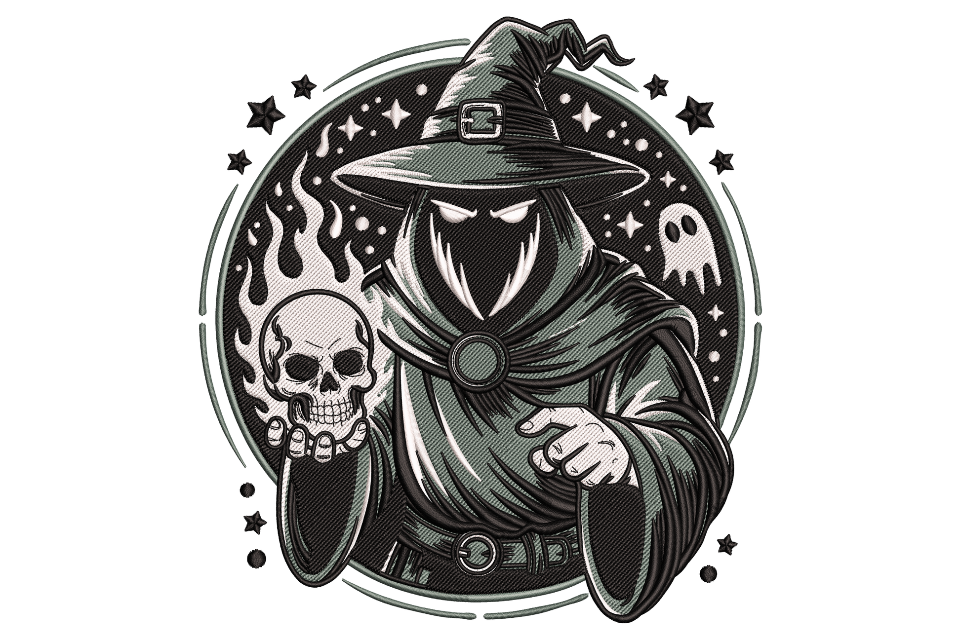 Dark wizard skull embroidery, hooded sorcerer in pointed hat holding a glowing skull inside a star circle border