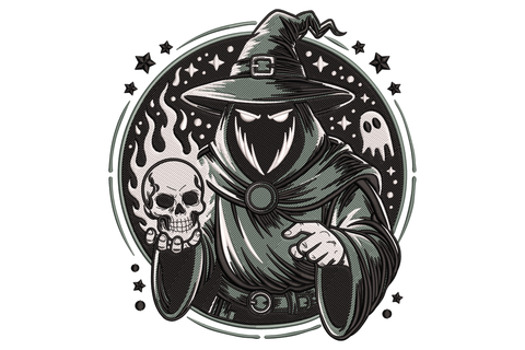Dark wizard skull embroidery, hooded sorcerer in pointed hat holding a glowing skull inside a star circle border