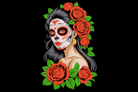 Day of the dead woman embroidery, grey hair sugar skull face paint, red roses and dark green leaves