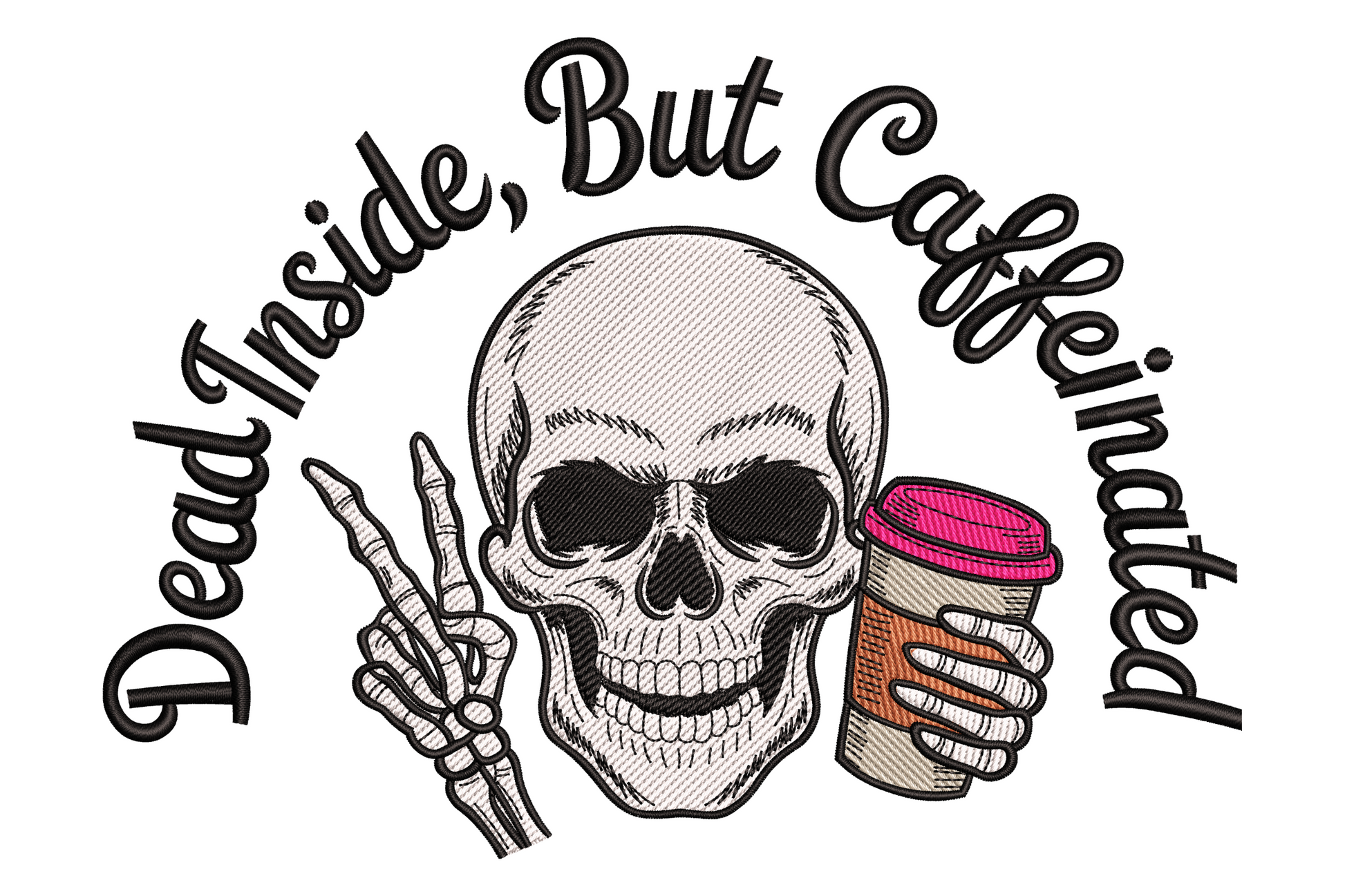 Dead Inside But Caffeinated Halloween embroidery with spooky cracked text and coffee cup with ghost steam in black, brown and orange thread.