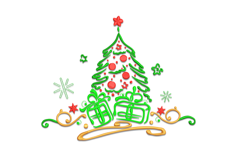 Decorated Christmas tree embroidery, swirling branches, red ornaments, star topper, gift boxes and orange scroll base